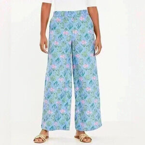 LOFT Wide Leg Linen Pull on Pant, Bouquet Floral Blue Print Excellent Condition